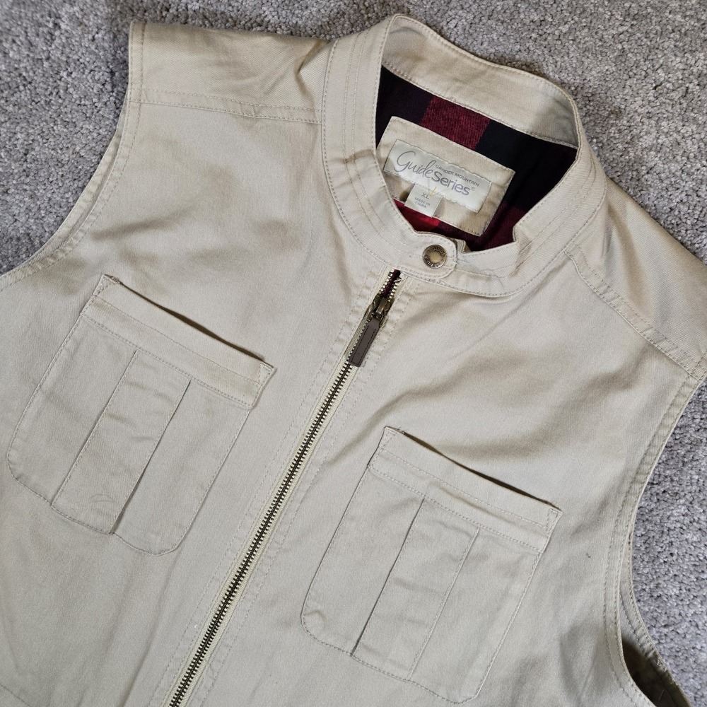Guide Series GS Explorer Traveler Vest Mens XL Beige Plaid Lined Utility Pockets